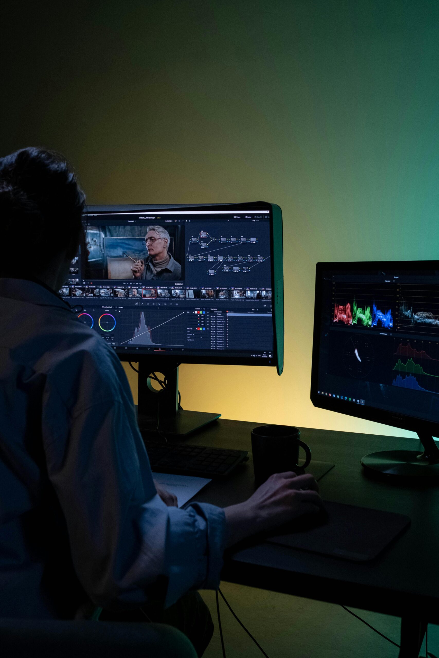 A woman engrossed in video editing on dual monitors in a dimly lit room.